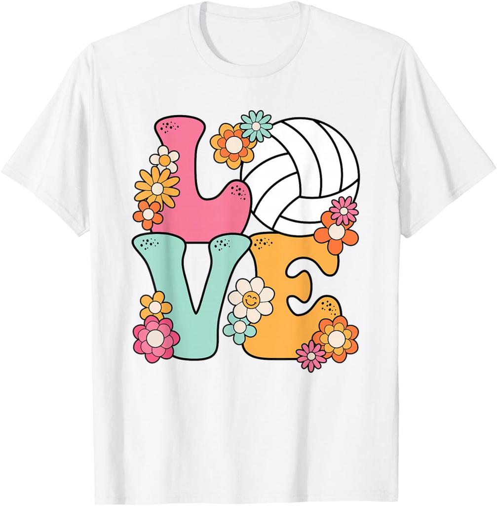 Volleyball Love Retro Flowers Graphic Tee Women Girls Casual Short Sleeve T-Shirt