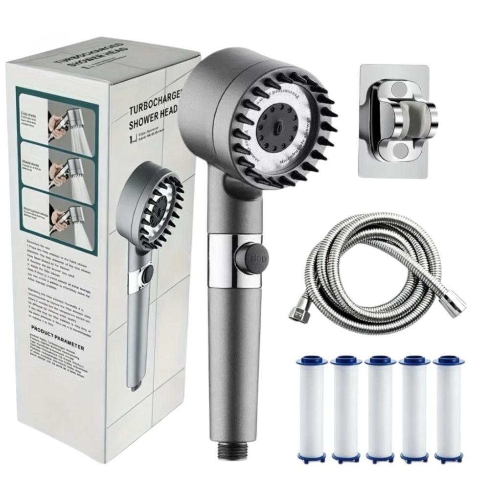 4-Mode Handheld Filter Shower Head Set - Adjustable Spray with Massage Brush, 1.5m Stainless Steel Hose, Adhesive Bracket