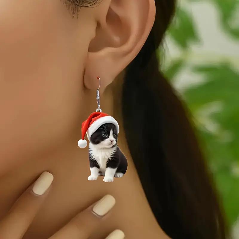Adorable Kitten Christmas Hat Acrylic Earrings