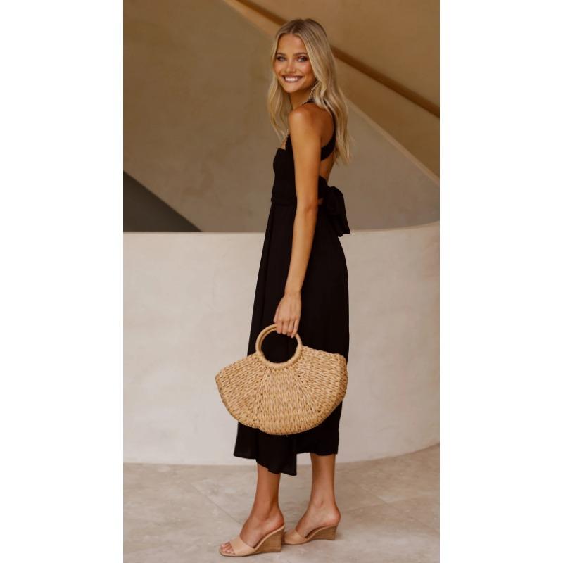 VEZFAA Women's Fashion Summer Spring Solid Color Print Sleeveless Suspenders High Waist Casual Dresses