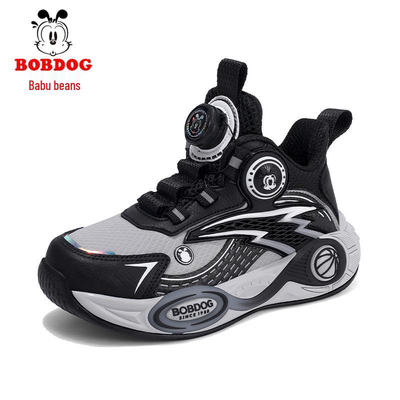 Babudou Boys' Autumn Leather Breathable Sneakers - Mid-Large Child Basketball Shoes with Rotary Button, Ideal for Running.