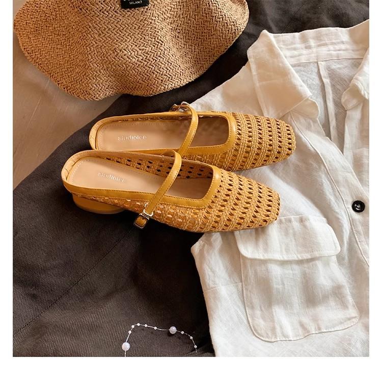 Retro Woven Hollow Square Head with Thick Heel Sandals Muller Half Slippers Women's Summer New