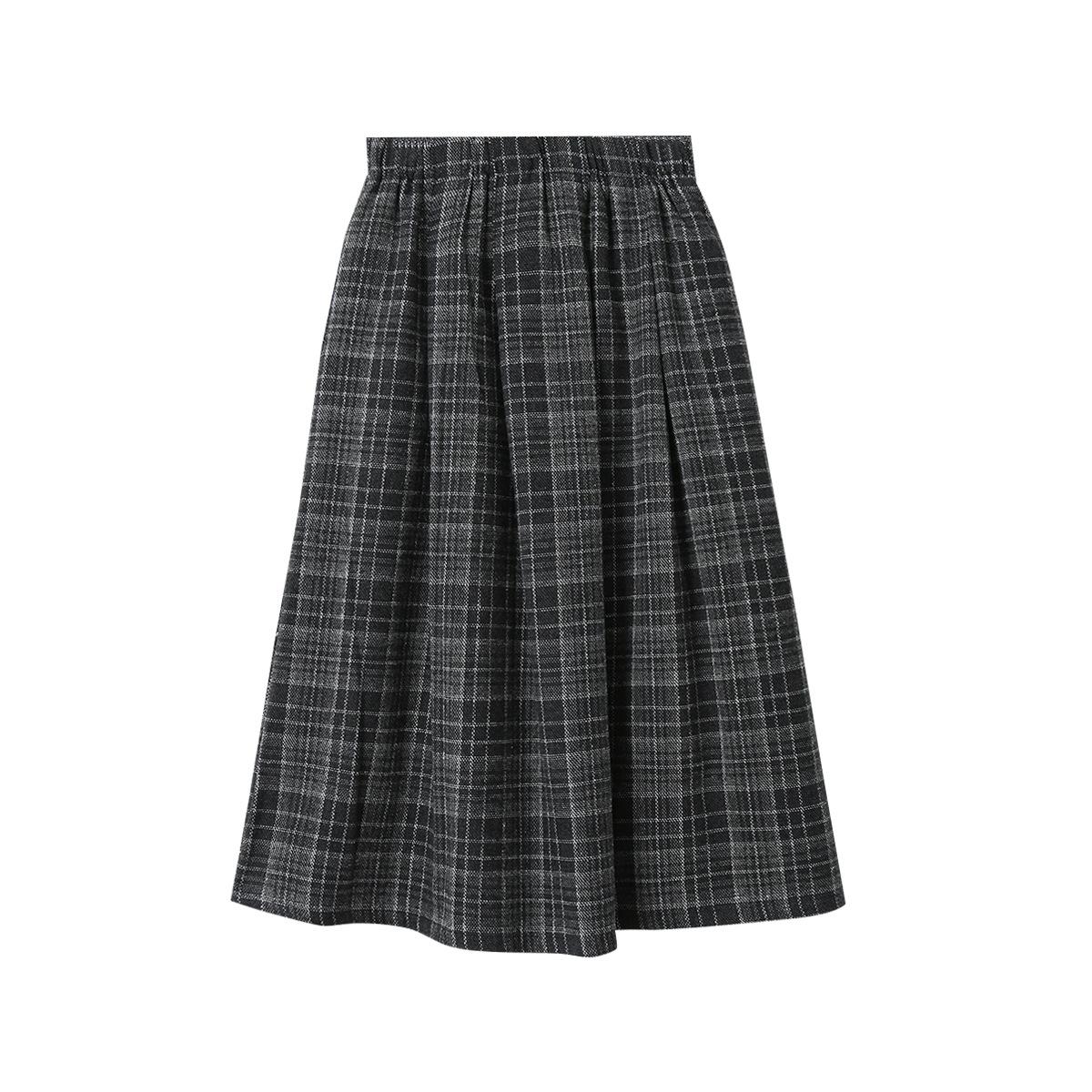 Ou Fan Retro Plaid Woolen Pleated A-line Skirt with Elastic Waist for Autumn/Winter One Size