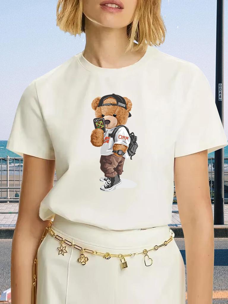 Luxury Brand Fashion Black Selfie Bear Printed Crew Neck Clothing Short Sleeve T-Shirt Trend Women's Summer Y2K Top