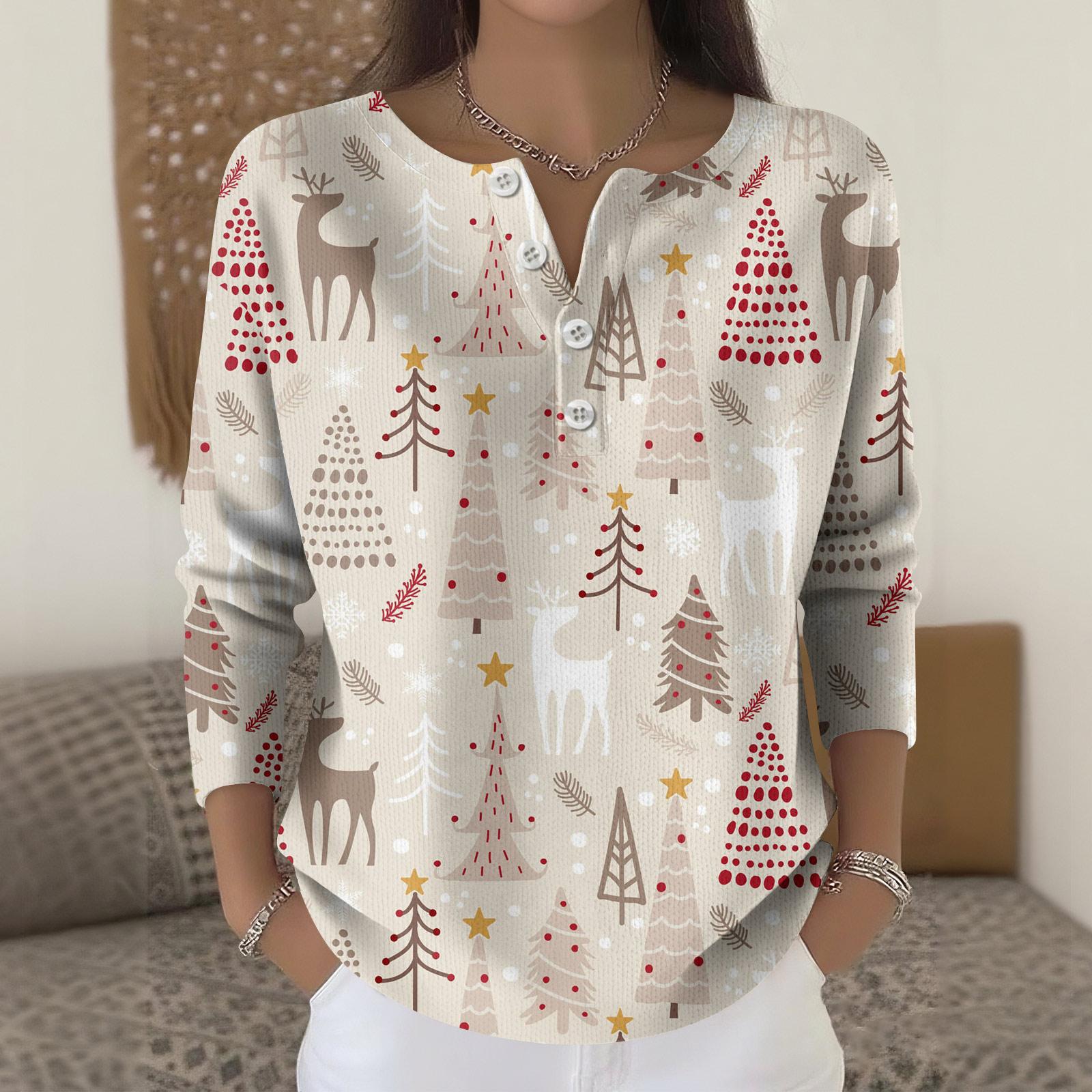 

Женская мода Топ с длинным рукавом и рождественским принтом в виде снежинок Элегантный повседневный топ XL хаки
