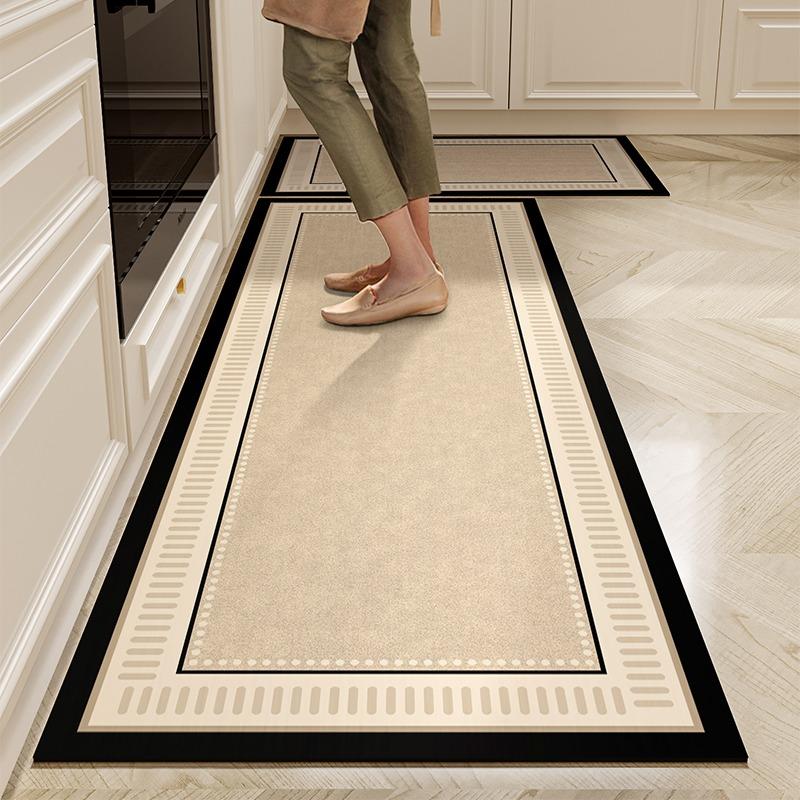 Wasserdichte Teppichbodenmatte für die Küche, Bodenmatte aus PVC-Leder, Lange Teppiche, Rutschfeste Fußmatten, Beige, Minimalistischer Stil, Heimdeko-Teppich