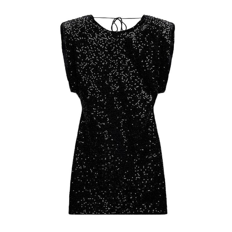 

Fall and Winter New Women s Clothing Fashion Style round Neck Sleeveless Beads Decoration Velvet Short Dress 9565976 Black L