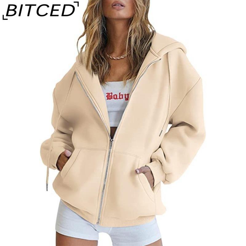 BITCED Unisex Fleece-Lined Hooded Sweatshirt Casual Cardigan with Zip-Up Front