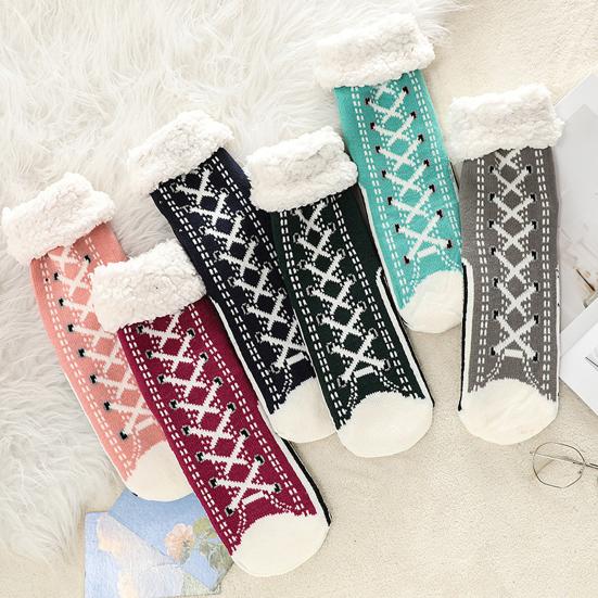1 Pair Winter Socks Shoes Pattern Plush-lined Warmth Retention Christmas High-tube Socks Leg Warmer Fall