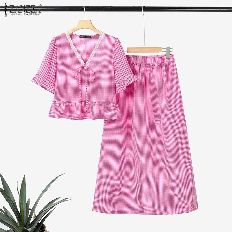 ZANZEA Women Short Sleeve Blouse and Long Skirts Plaid Print Summer Two Piece Sets