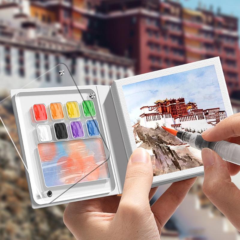 1Pc With Palettle Mini Painting Notebook Portable 50 Sheets School Sketching Creative Students Stationery Supply Watercolor