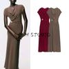 Autumn New Women's Clothing Draped Neckline Short Sleeve Silm Accessories Ruched Decoration Long Dress 1165461