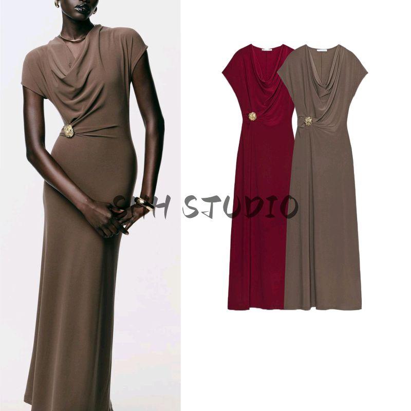 Autumn New Women's Clothing Draped Neckline Short Sleeve Silm Accessories Ruched Decoration Long Dress 1165461