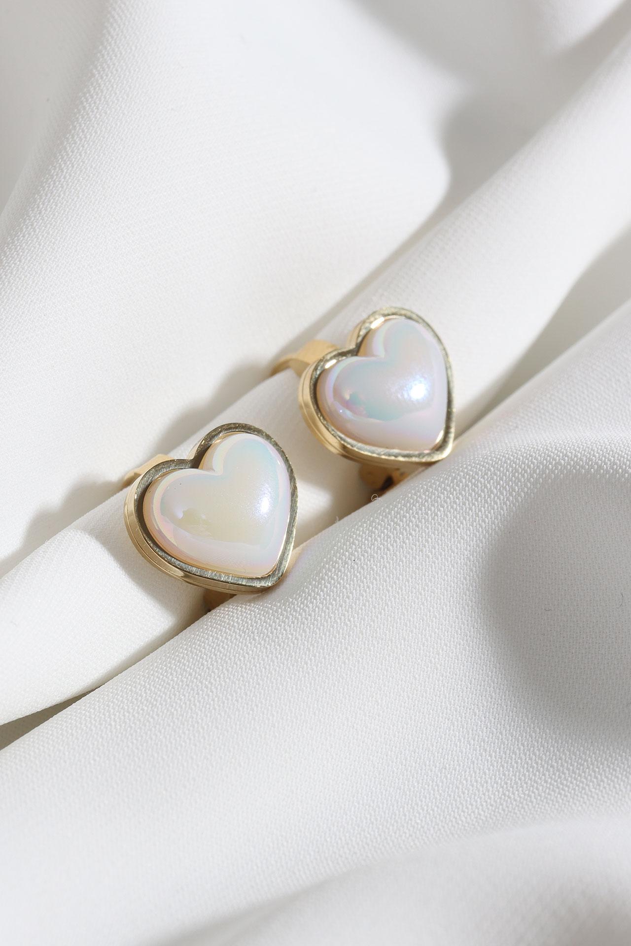

Серьги-кольца из стали золотого цвета с перламутровым камнем в форме сердца