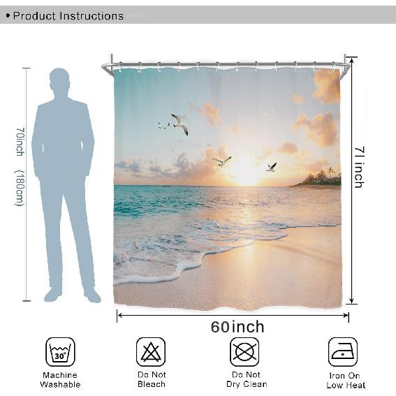 Miyotaa Beach Coastal Shower Curtain Set 60Wx71H Inches Sea Ocean Sunrise Sunset Scene Wave Seagull Hawaiian Seaside Waterproof Bathroom Curtain with