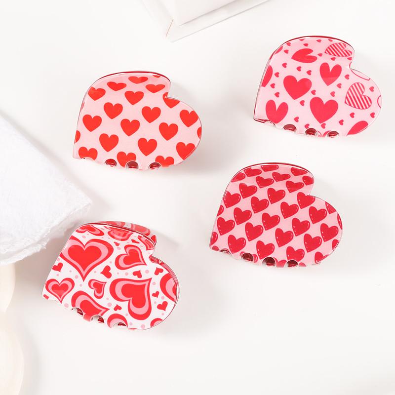 Valentine's Day & Party Heart Shape Fashion Hair Claw Clips Red Pink Heart Print Acetate/Acrylic Hair Clamps for Women