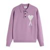Maglione Unisex in Maglia con Collo a Polo Multicolore con Ricamo a Cuore e A Pullover Casual con Bottoni per Uomo Donna