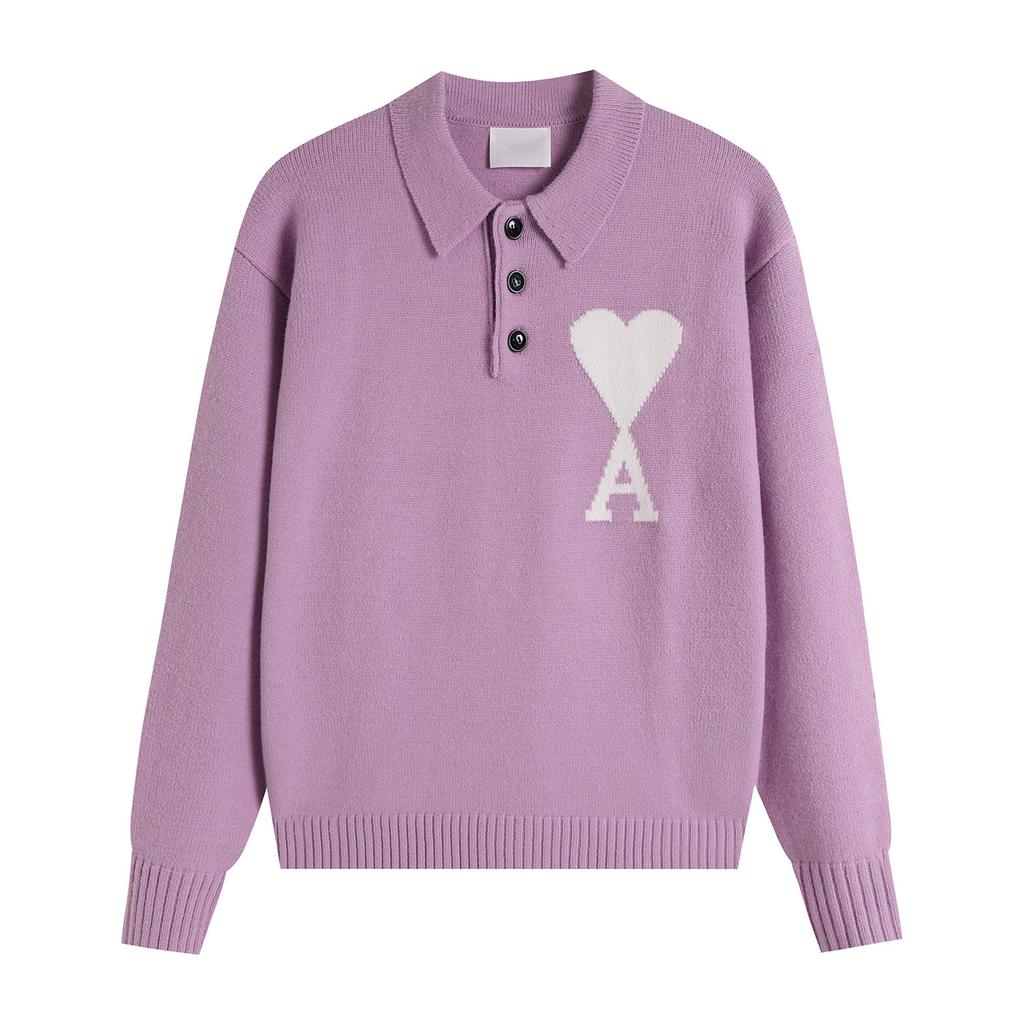 Maglione Unisex in Maglia con Collo a Polo Multicolore con Ricamo a Cuore e A Pullover Casual con Bottoni per Uomo Donna