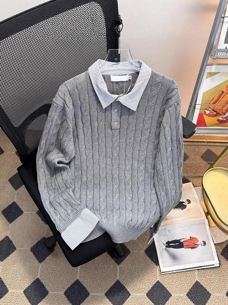 American Style Striped Cable Knit Polo Sweater - Men's Trendy Two-Piece Patchwork with Cleanfit Design