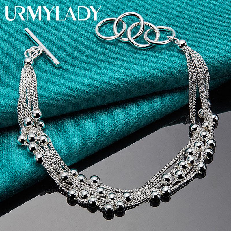 925 Sterling Silver Multi-Chain Smooth Beads Bracelet Fashion Jewelry MB047