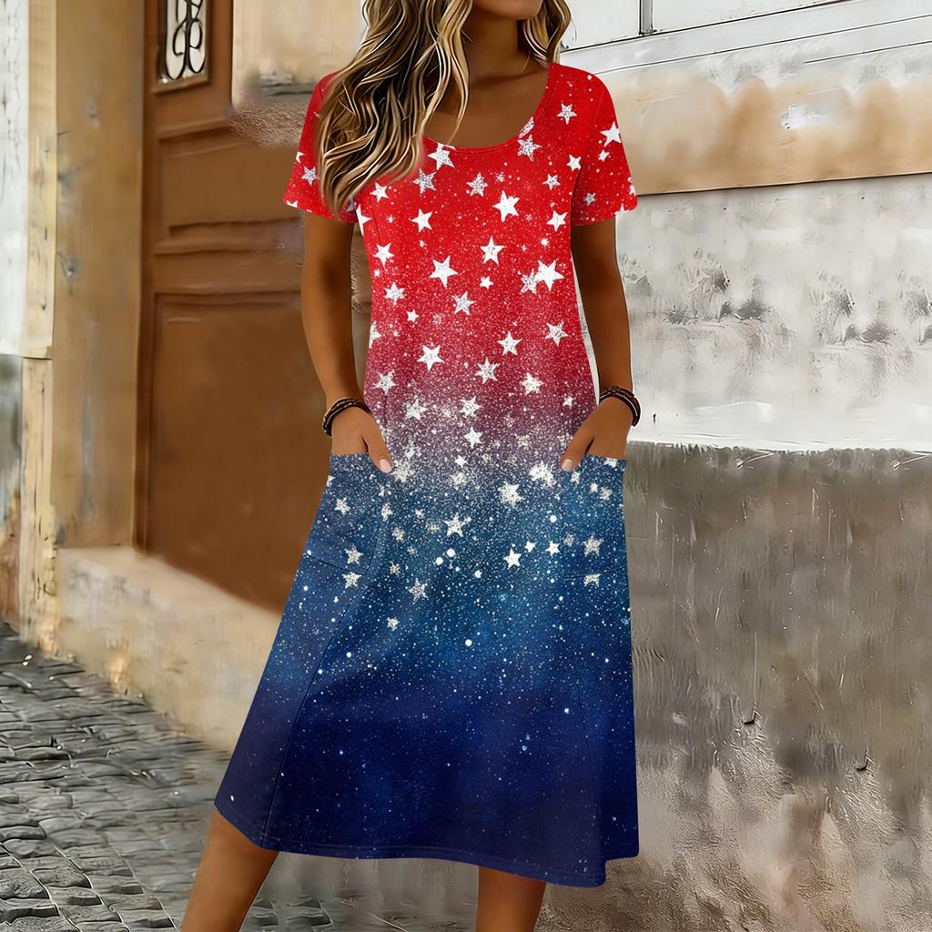 Damen Sommer Maxikleid mit kurzen Ärmeln, lockerem Schnitt, Stern- und Streifenprint, lässig, Rundhalsausschnitt, mit Taschen