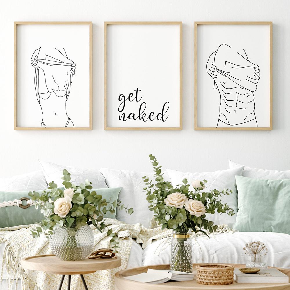 Bathroom Wall Decor Canvas Painting Get Naked Sign Canvas Art Poster One Line Sexy Woman Drawing Canvas Picture Fashion Painting