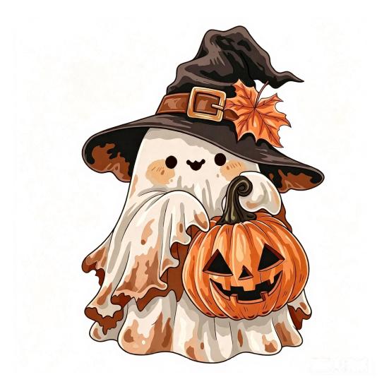 Rustic Autumn Table Centerpiece Halloween Wooden Ghost Ornament with Pumpkin Pattern, Double Sided Desktop Decoration, Cute Figurine Spooky