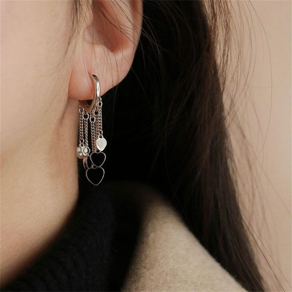 Koreaanse Zwarte Liefdeshart Kwastje Hangende Oorbellen voor Vrouw Asymmetrische Holle Olieverf Statement Oorbel Esthetische Feest Sieraden
