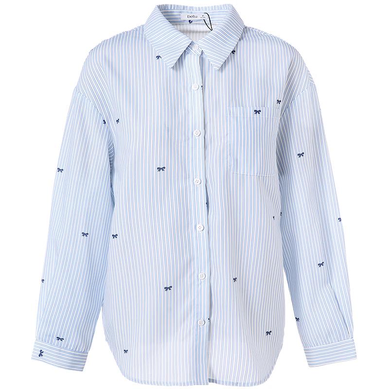 Betu Women s Striped Bow-Knot Print Lapel Shirt Jacket XS