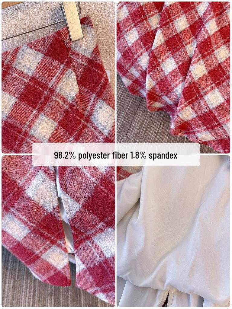 Plus Size Retro Red Plaid Woolen High Waist Slimming Mid-Length Skirt for Autumn/Winter.