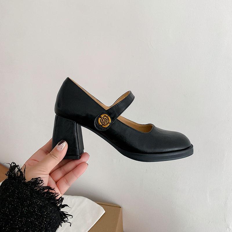 Cowhide Version~ Genuine Leather French Mary Jane Shoes Women's College Style Retro Square Head One-word Buckle Light Mouth Single Shoes High Heels