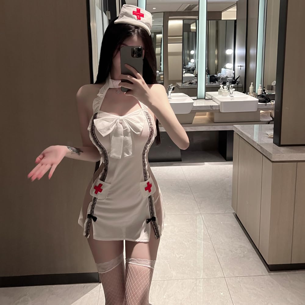 Nurse Sexy Cosplay White Sheer Extreme Erotic Cute Uniform Shoulder Off Headband Bow Tie Fishnet Tights 4 Piece Set One Size Fits Most [YAISHN]