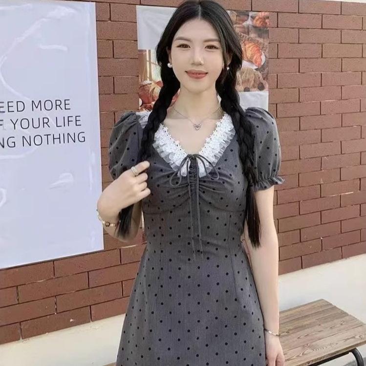 Lace French Hepburn Style Grey Premium Short Sleeve Dress Women's Summer Pear Shape Waist Skinny Polka Dot Short Skirt