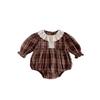 Autumn Retro Plaid Romper with Lace Collar for Baby Girls, Outdoor Crawling Suit