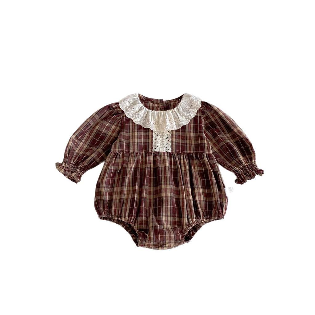 Autumn Retro Plaid Romper with Lace Collar for Baby Girls, Outdoor Crawling Suit