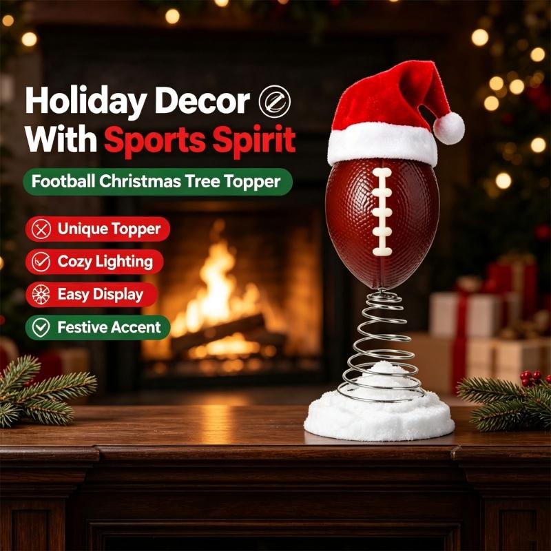 Holiday Football Tree Ornament with Spring Coil Form, Christmas Top Piece for Sports Party Spaces, Seasonal Shelf Styling, Branch Display