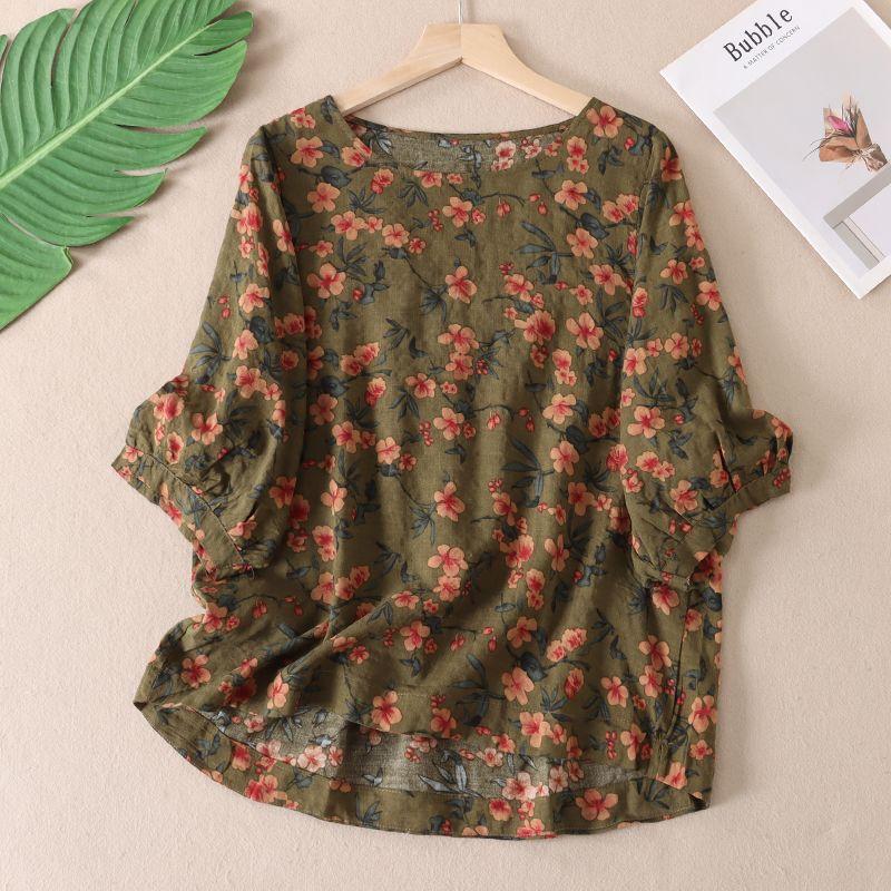 

Артистичная футболка с принтом, мягкая, выстиранная, тонкая, с рукавом 3/4 06 Coffee Green Flower One size