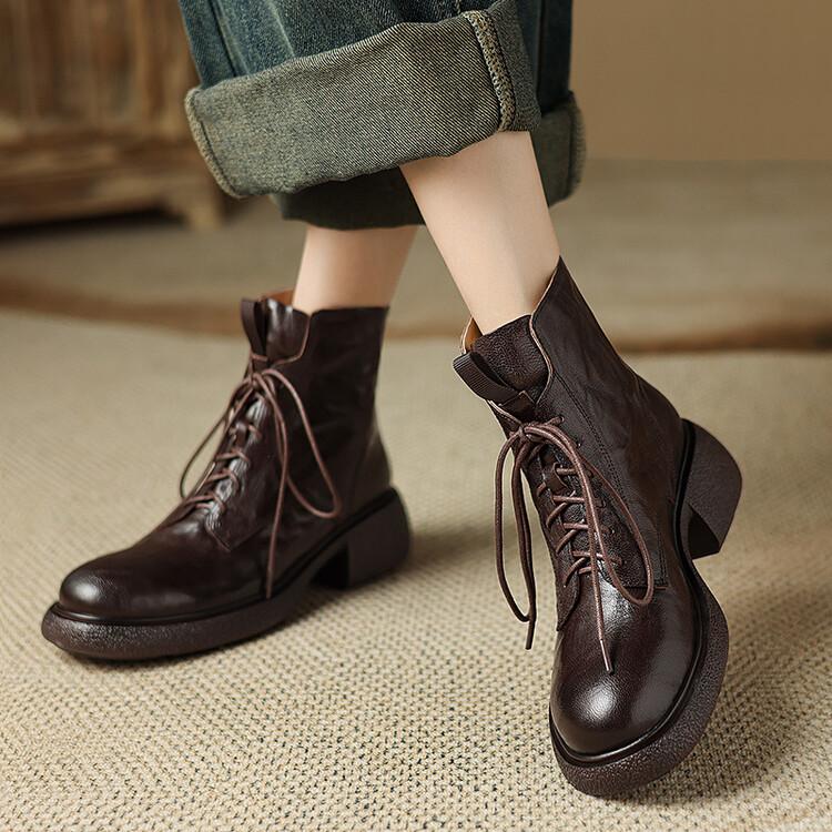 Fashion NEW Autumn/Winter Women Boots Genuine Leather Shoes for Women Round Toe Chunky Heel Shoes Lace-up Riding Boots Black Ankle Boots