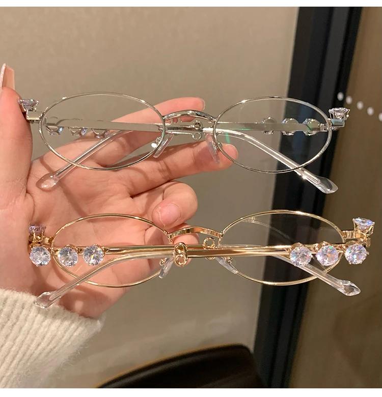 Oval Shades Rhinestone New Sunglasses Bling Eyeglasses Frames Clear Lens Small Round Women Men Metal Retro Diamond Frame Eyewear