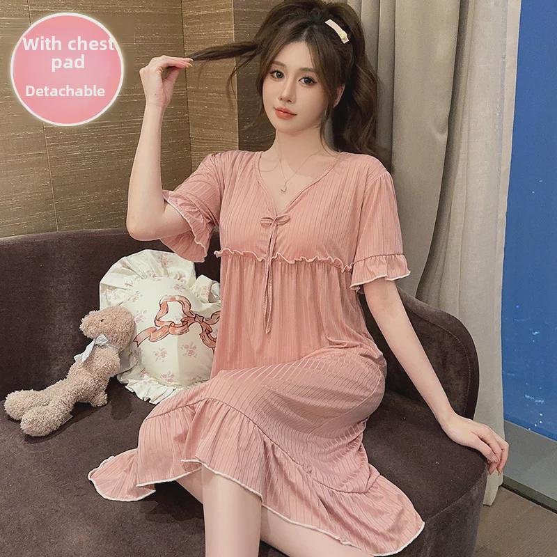 Chic Summer Nightdress for Women with Chest Pads – Loose, Medium-Long Fit, Plus Size