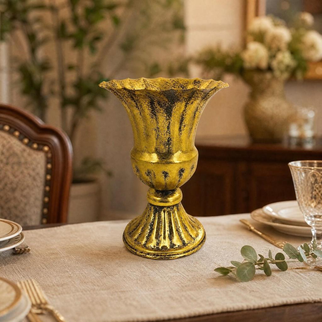 Pedestal Planter Open Top Design Ornate Metal Vase with Base for Tabletop Display, Dining