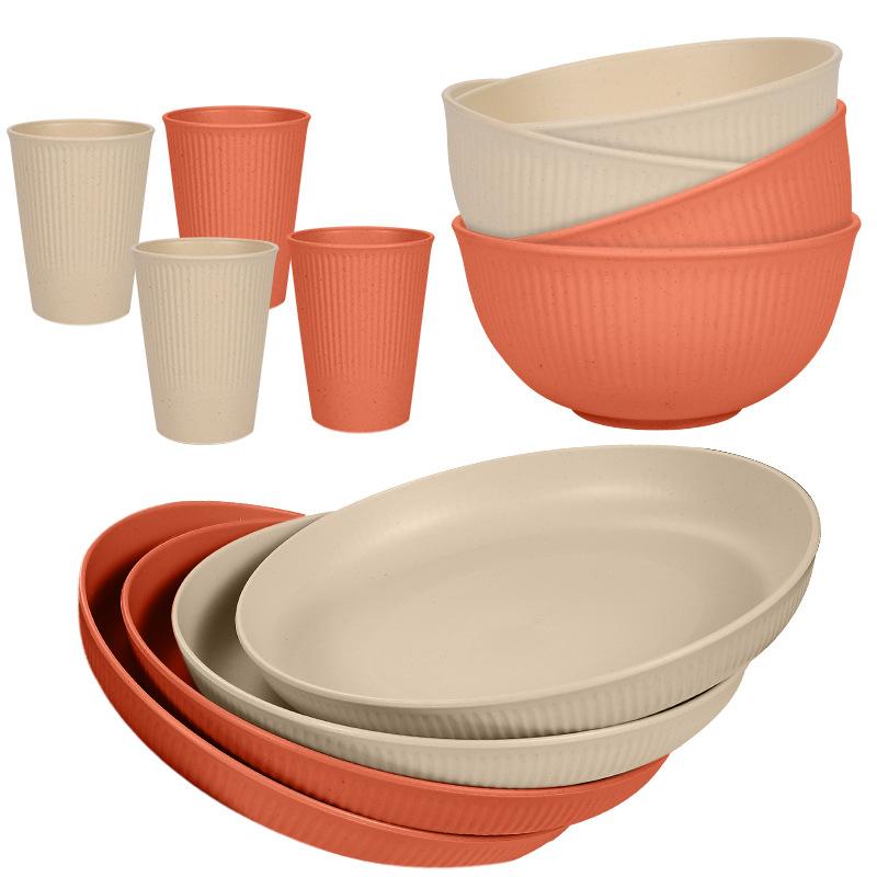 

12Pcs Colourful Wheat Straw Dinnerware Sets Reusable Wheat Straw Plates and Bowls Sets Kitchen Unbreakable Dinnerware Sets