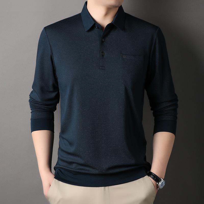 

Модная деловая футболка с длинными рукавами и лацканами, мужская повседневная свободная рубашка-поло среднего возраста, однотонная одежда для пап на весну и осень 4XL