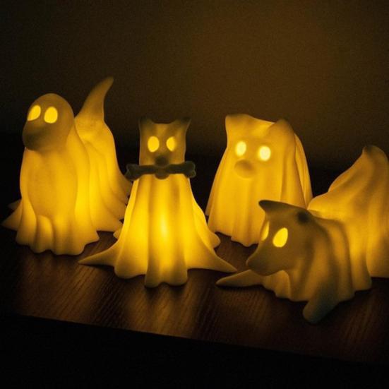 Halloween Ghost Animal Figurine Draped Ghost Dog Cat Statue Resin Spooky Tabletop Ornaments for Home Party Haunted House Decor