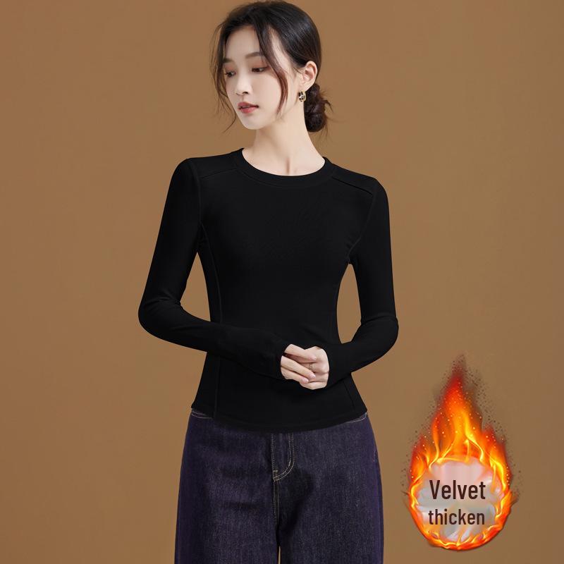 Women's Slimming Long Sleeve Velvet-Lined Base Layer Shirt - Autumn/Winter Fashion Round Neck Top
