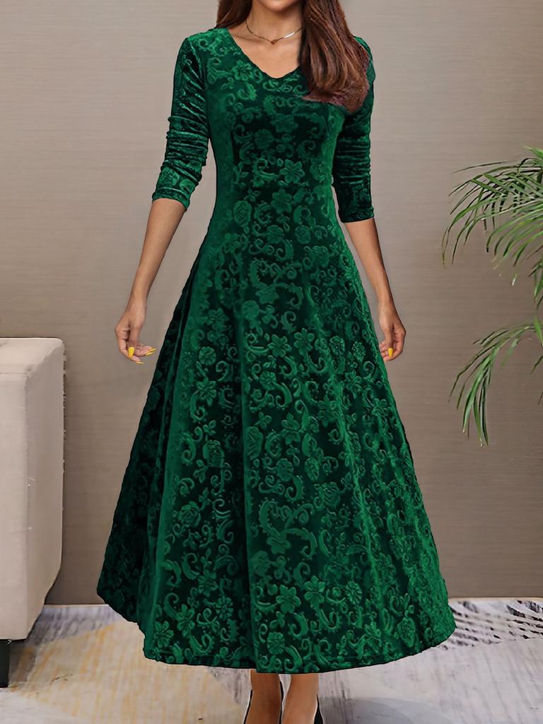 Spring Autumn New Style Elegant High-End Evening Gown Velvet Midi Dress for Women