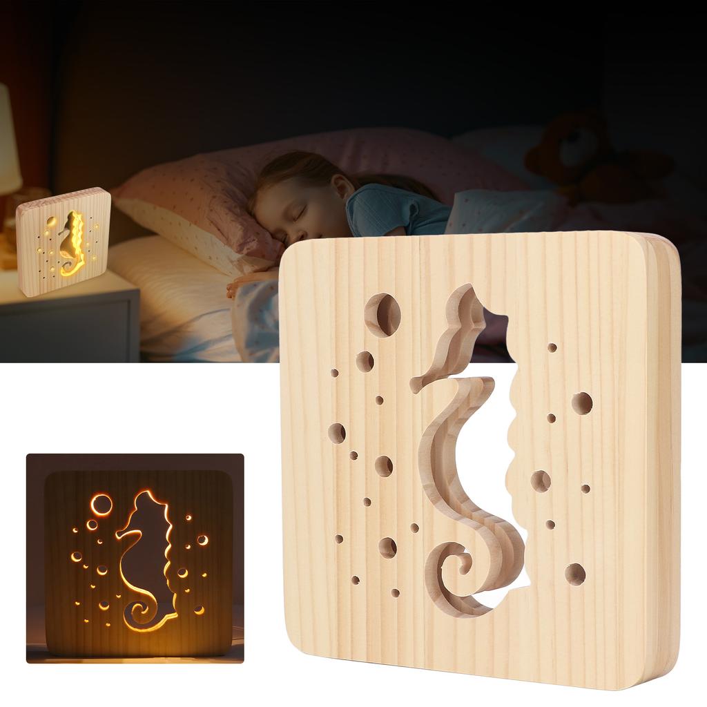 Holz 3D LED Licht Hohl Seepferdchen Muster USB Stromversorgung 2W Kiefernholz Tier Nachtlampe für Offi