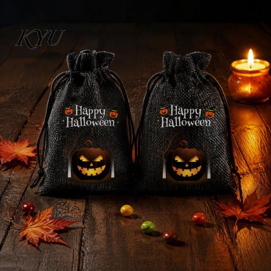 Lightweight Candy Carriers 2Pcs Halloween Pumpkin Drawstring Bags for Treats, Retro Burlap Pattern Party Favors Trick or Treat Bags, Portable