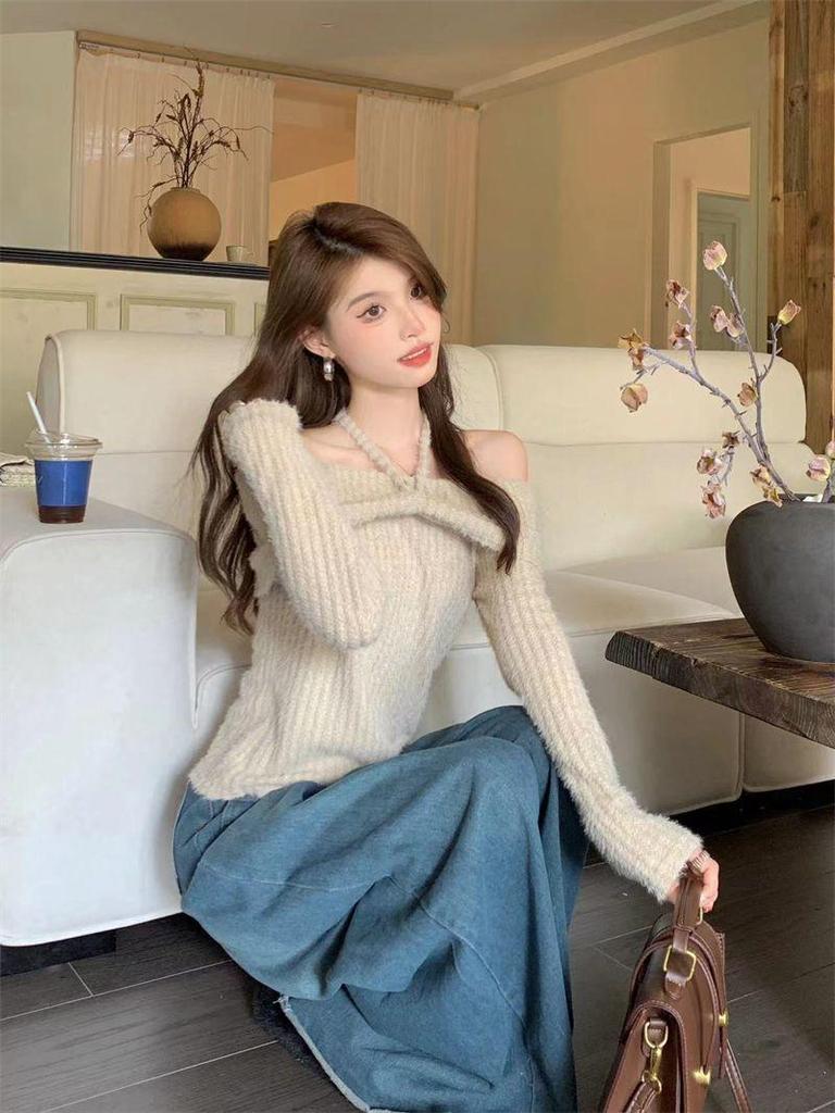 Koreanischer Spicy Girl Neckholder Schulterfreier Pullover - Damen Herbst Langarm Stilvolles Oberteil