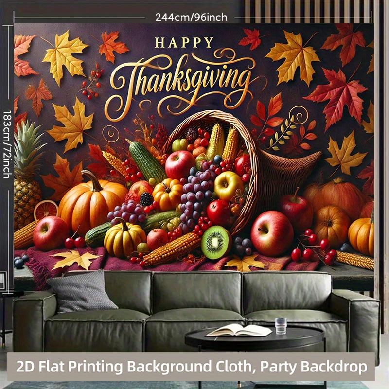 The autumn harvest Thanksgiving basket filled with various fruits and vegetables has a vibrant polyester background fabric.PMJ